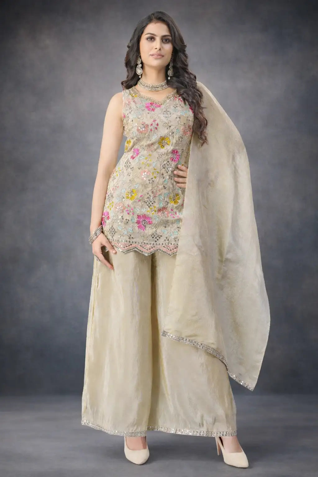 Beige Floral Embroidered Kurta Sharara Set with Dupatta